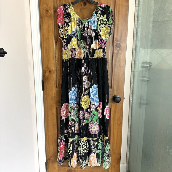 Me 2 Magic Anthropologie Maxi Dress 1X Dark Floral Metallic Tiered Smocked - Picture 3 of 8